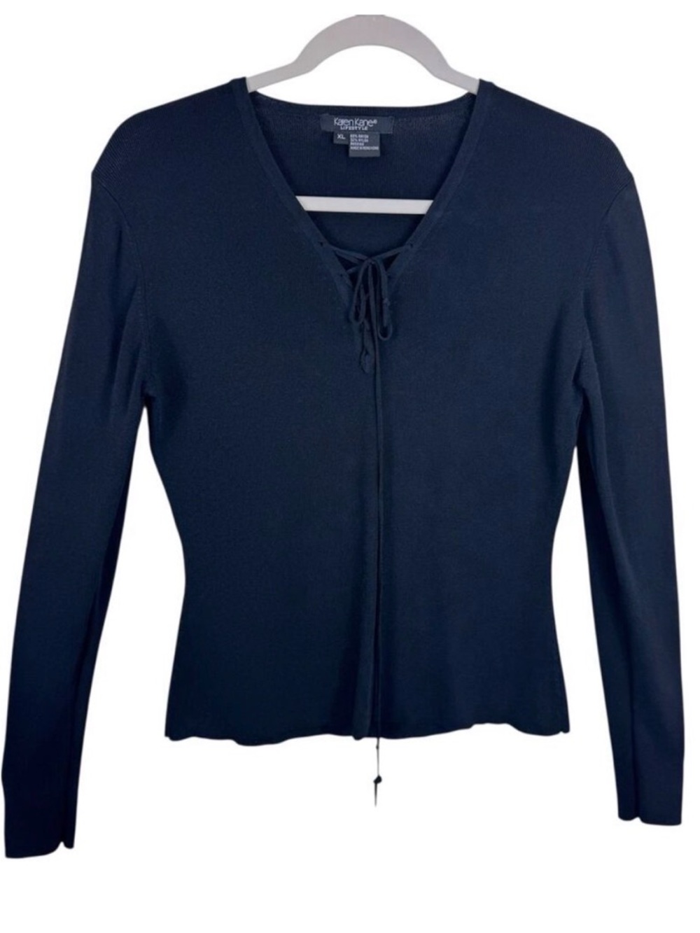 Karen Kane Y2K Black Tight Knit Long Sleeve V-Neck Tie Neckline Sweater Size‎ XL